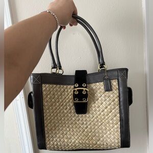 Coach Ltd Ed Natural Straw Seafoam Suede Leather Trim Buckle Closure Bag #4433